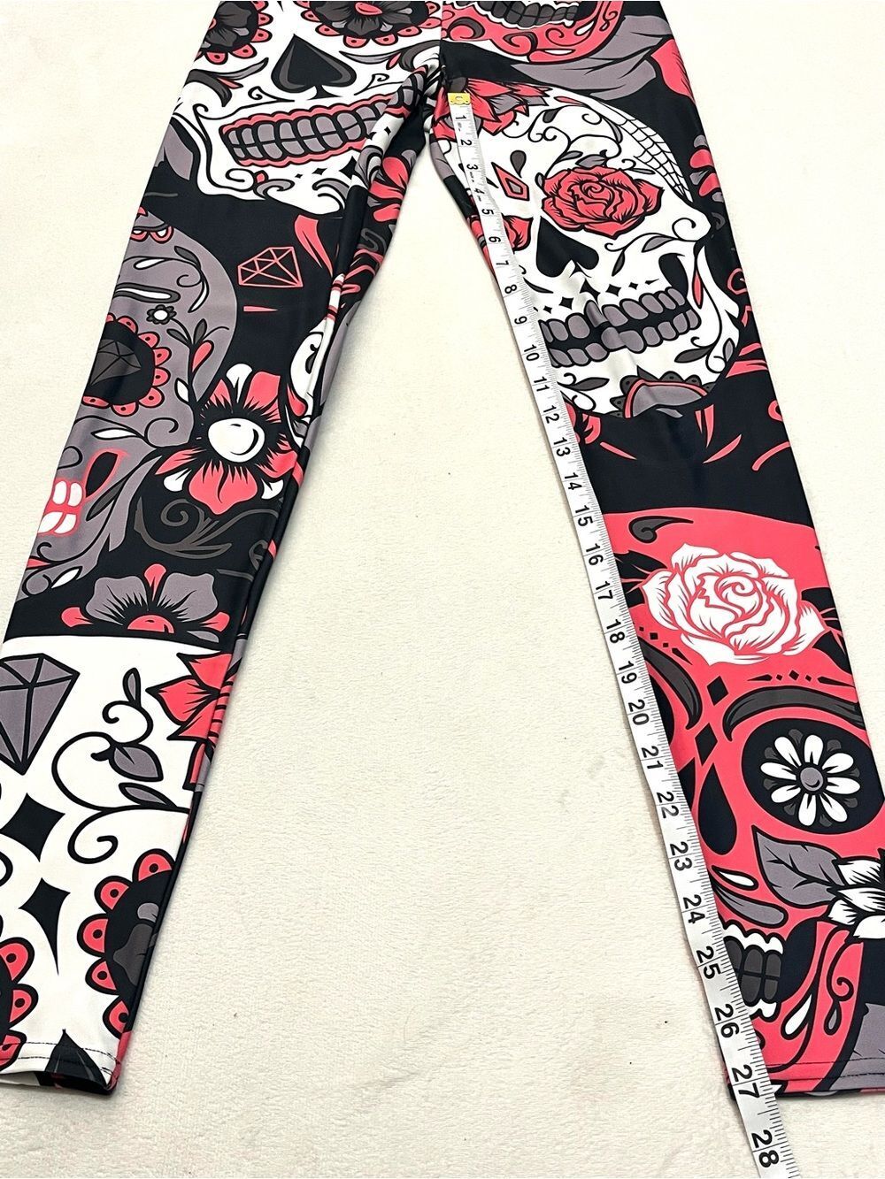 GearBunch Pink White Black Sugar Skull Day of the Dead Women’s Leggings Small - Picture 9 of 16